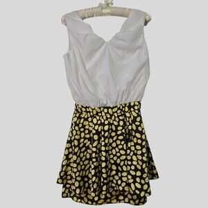 Qmzy 80s Retro Polka Dot Mini Dress White Top Black/Yellow Double-Lined Skirt